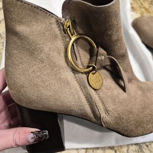 See By Chloe Tan Suede Ankle Boots with Gold Ring